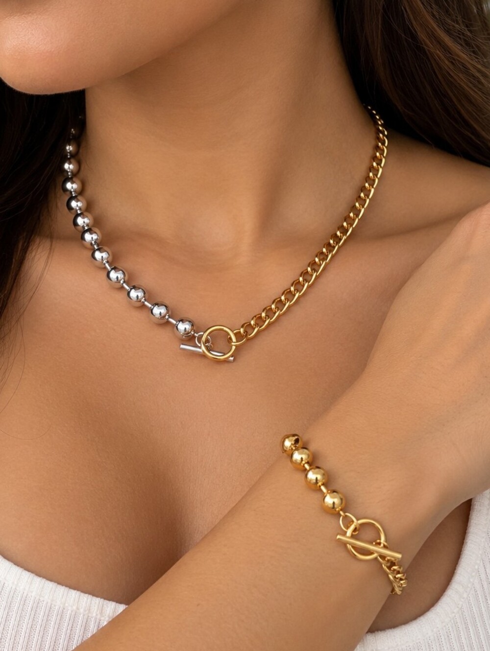 Two Tone Mixed Metal Half Ball Chain Cuban Link Necklace & Bracelet Set